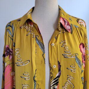 Art House Boho Vibes:Free People Women’s Poly Silk Goldish Coral Shirt (Size:XS)